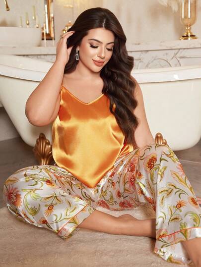 Plus Size Women Vintage Floral Cami Top And Pants Sleepwear Set, Silky Soft Loungewear