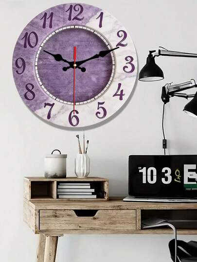 2D平面10/12英寸紫白大理石纹理静音装饰挂钟，创意设计，适用于卧室、客厅、办公室（不含电池）