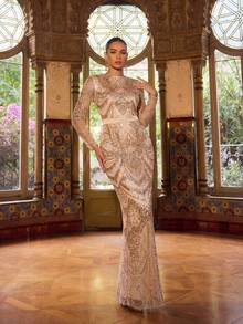 Faeriesty 女士优雅圆领亮片晚礼服 - 长袖，精致花卉几何刺绣，腰部系带设计，适合约会、沙漠婚礼、红毯晚宴及更多春季正式派对场合 - 香檳色 - 查看 9