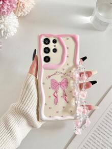 粉色蝴蝶结图案新颖手机壳，奶油色纹理波浪边亮面花卉蝴蝶结彩绘防摔手机壳，配串珠手链配件，兼容/Galaxy/女士礼物 - 彩色 - 查看 5