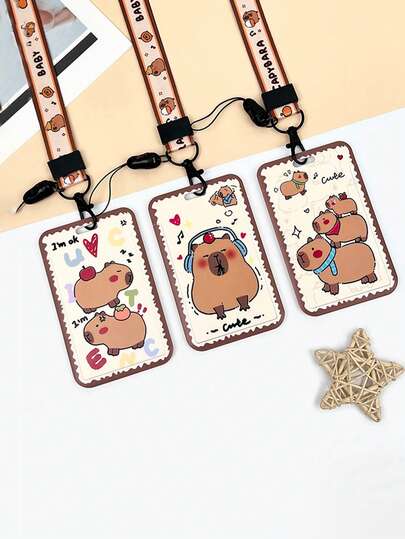 Portaidentificación con diseño de capibara, estuche horizontal para tarjetas con cordón y clip de carrete para trabajo, de oficina, accesorio escolar de empleado, protección de plástico impermeable