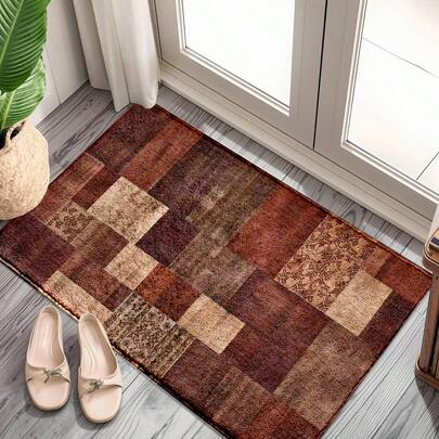 1 قطعة سجادة باب بطبعة رجعية من نسيج صوفي مزيف مع قاعدة من مطاط TPR، سجادة حمام، سجادة مطبخ، سجادة غرفة الغسيل، ديكور عيد، ديكور منزلي، ديكور حفلة، ديكور زفاف، ديكور مائدة الطعام