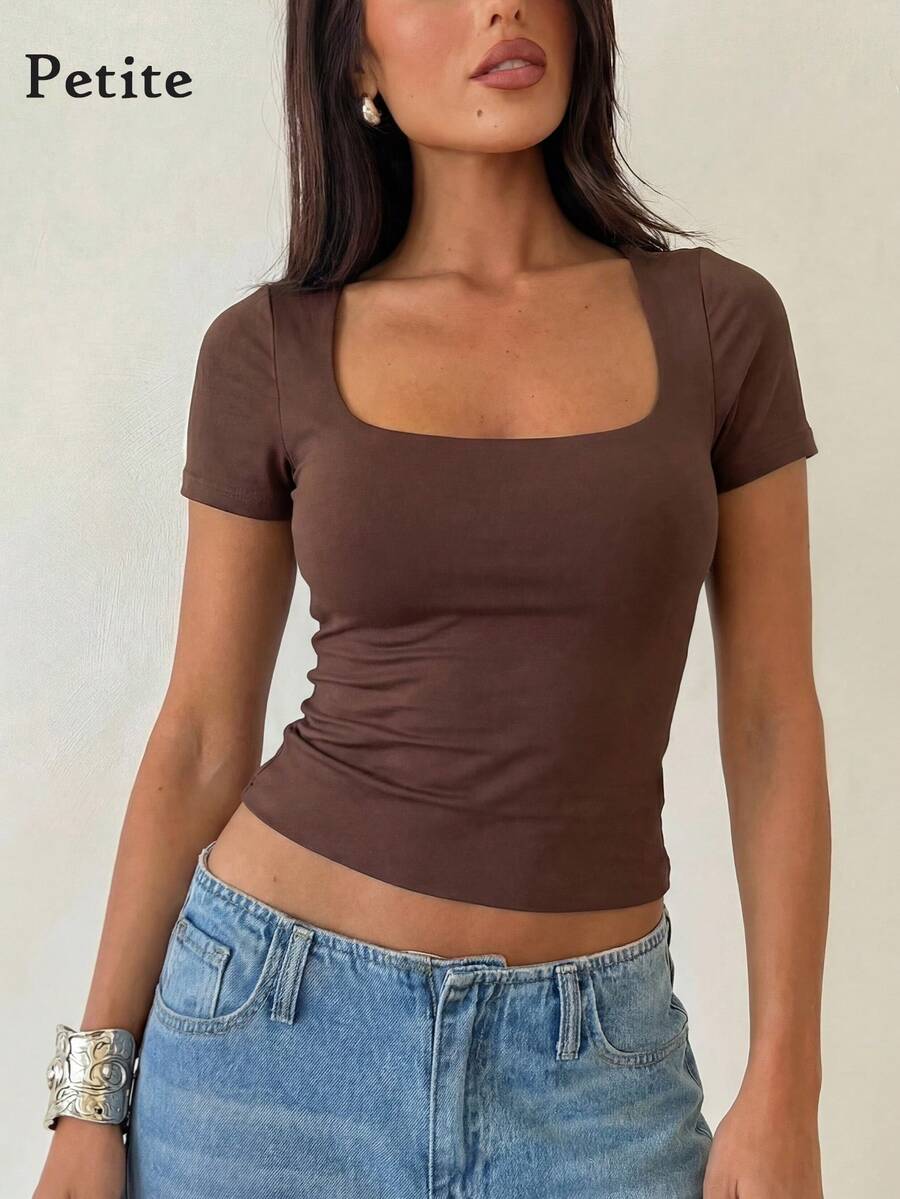 XS码棕色方领上衣 - 休闲时尚针织衫，适合街头风、周末休闲、日常穿着、度假以及简约夏季风格。 - 巧克力棕 - 查看 1