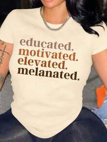 Plus Size Women T-Shirts,Educated. Motivated. Elevated. Melanated. ,(1 Pcs )100% Cotton Casual Printed T-Shirt,Crew Neck Short Sleeve,220g  Cotton T-Shirt,For ,Gift,Summer,Unisex-Unisex Loose - Fit Comfortable Vintage Street - Style Cotton T - Shirt Top - Apricot - View 1