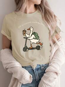 Women's 100% Cotton Short Sleeve T-Shirt 250th Anniversary Independence Day Patriotic Holiday Outfit 2026 Year Of The Horse St. Patrick's Day Carnival Easter Funny April Fools' Day Duck Riding Scooter With Coffee & Backpack Graphic Casual Summer Tee - 杏色 - 查看 3