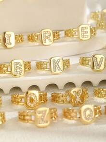 1pc Fashionable Cubic Zirconia Inlaid Letter Square Ring, Suitable For Boy Girl And Children, Street Accessory, Daily Wear, Exquisite Jewelry (Random Shipment Of New And Old Versions) - Yellow Gold - View 4
