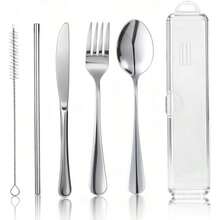 Travel Camping Utensils With Case, 6 Pcs Reusable Stainless Steel Silverware Cutlery Set, Spoon, Fork, Knife + Straw/Brush Kit For Camping, Travel, Office, Lunch Box,  On-The-Go (Silver) - Silver - View 1