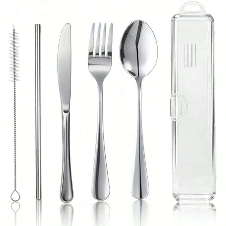 Travel Camping Utensils With Case, 6 Pcs Reusable Stainless Steel Silverware Cutlery Set, Spoon, Fork, Knife + Straw/Brush Kit For Camping, Travel, Office, Lunch Box,  On-The-Go (Silver) - Silver - View 1