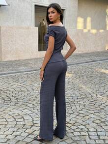 PoPoHouse Women's Elegant Solid Color Two Pieces Set Summer Holiday Beach Vacation Outfit Daily Casual Chic Party Going Out Off-Shoulder Slim Fit Top & Wide-Leg Pants Suit - Gray Blue - View 2