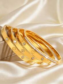 4 pièces Ensemble de bracelets de luxe en acier inoxydable, convient pour le port casual, les festivals de musique, les fêtes, les voyages, les anniversaires, les cadeaux - Doré - Voir 6
