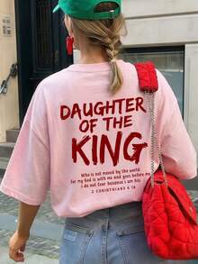 女士夏季圆领短袖T恤，印有“King's Daughter”和“Faith”英文字母，适合办公室、外出、日常、约会、派对、聚会、街头、嘉年华、音乐节、情人节、派对等休闲场合。 - 粉色 - 查看 6