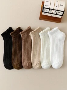 6 双女士米色短袜，可爱四季百搭休闲袜，麻花针织，小白袜，公主风格，春夏 - 米色 - 查看 5