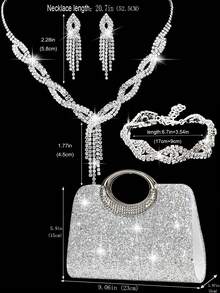 镶钻首饰项链耳环手链套装，搭配奢华闪亮水钻手拿包，适合派对、浪漫婚礼、春夏链条单肩包、新娘包、正式舞会手拿包、优雅晚礼服包。 - 銀色 - 查看 10
