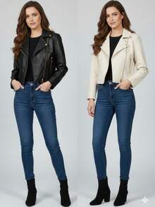 Women's Black Leather Jacket With Zipper - 白色 - 查看 3