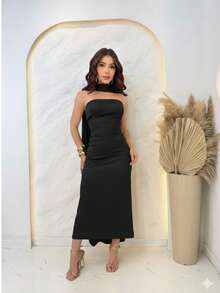 Strapless Midi Dress With Cape - Black - View 2