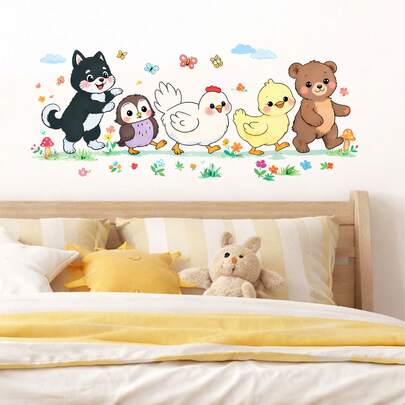 Autocollants muraux mignons d'animaux de ferme et de forêt, décoration de pépinière autocollante pour garçons et filles, autocollants de défilé d'animaux de dessin animé pour la chambre d'enfants, la chambre à coucher et la salle de jeux