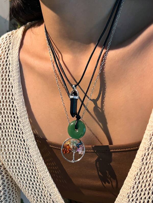 3pcs/Set Bohemian Style Tree Of Life Crystal Pendant Necklace, Elegant Minimalist Daily Casual, Party, Couple Date, Women's Festival Birthday Versatile Jewelry Gift