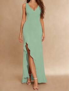 WOWDARK 夏季连衣裙，时尚性感纯色V领荷叶边下摆开衩优雅女装 - 綠色 - 查看 2