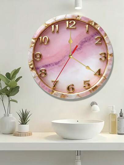 1pc 2D Flat Pink-Purple Marble Pattern Wall Clock | Silent Decorative Clock, Creative Design, Suitable For Bedroom, Living Room, Office Decor, 10/12 Inches (Excluding AA Batteries)
