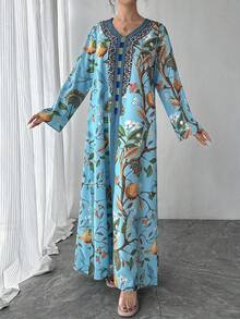 1pc Women's V-Neck Long Sleeve Casual Elegant Ditsy Floral Dress, Suitable For Parties, Galas, Holidays, Mother's Day And Other Occasions, Great Gift For Mom, Daughter, Friends - Baby Blue - View 9