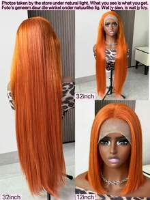 13x4 Straight Glueless Human Blended Hair Wig HD Lace Put On And Go Closure Wigs Human Blended Hair Pre Plucked Pre Cut No Glue 3 Seconds To Wear Glueless Wig Transparent Lace Front Wigs Pre Bleached Knots 180 Density 8-36Inch Ginger Orange 350 - S350 - View 2
