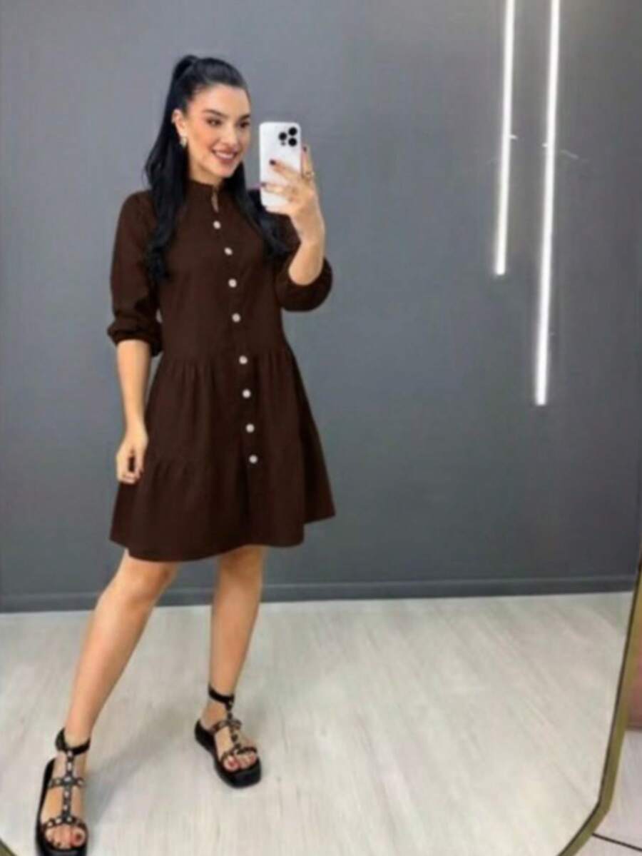Women's Striped Midi Dress With Shirt Collar And Bishop Sleeves, Casual, With Buttons, Asymmetrical Hem, Summer And Beach. - 鏽棕色 - 查看 1