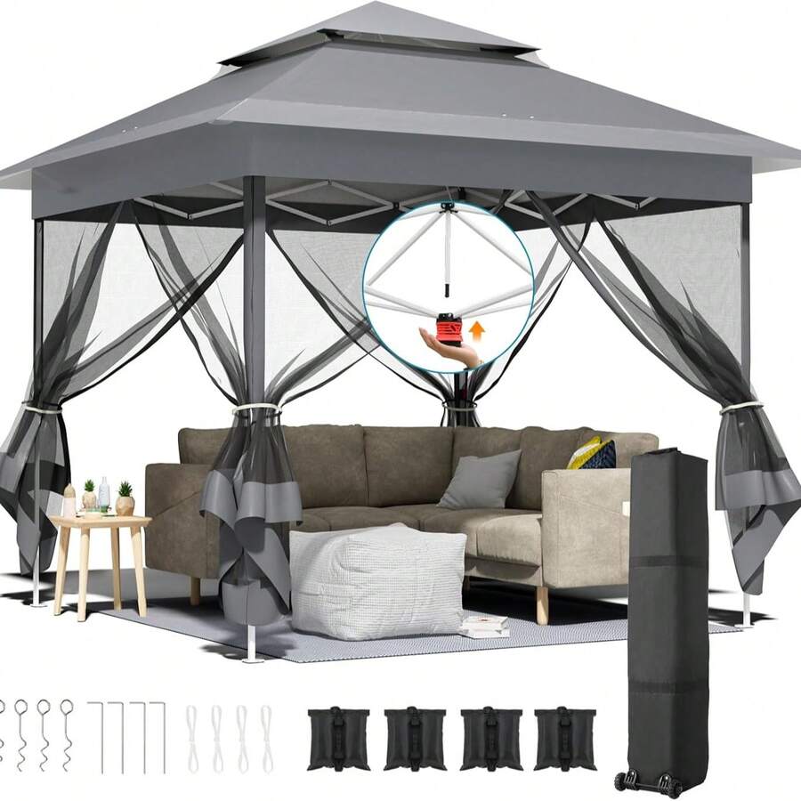 3.3x3.3 M Gazebo With 4 Mosquito Net Side Panels, One-Push Folding Gazebo, Waterproof And Stable, Double-Roof Party Tent With UV Protection 50+, Garden Gazebo With 4 Sandbags, For Patio/Market/Camping - C Gray - Xem 1