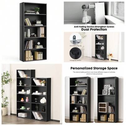 5-Tier Adjustable Shelving Bookcase Floor Standing Storage Shelf For Home Office