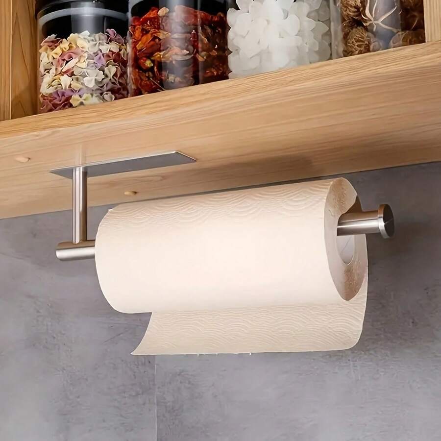 No Drill Stainless Steel Kitchen Bathroom Wall-Mounted Paper Towel Holder - Heavy Duty Sink Organizer Rack For Toilet Paper, Cling Wrap - Space Saving Paper Towel Dispenser - Black - 1pc - View 1