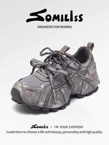 somiliss 女款厚底時尚粗跟運動鞋，個性化雙鞋帶軟底輕量休閒鞋，百搭日常通勤戶外走路鞋，2026秋季新款隱形6cm增高鞋，灰色 - 灰色 - 查看 4