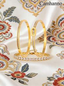 3/1pc Golden Jewelry Set, Chic And Graceful Stainless Steel Bangle And Bracelet, Suitable For Cozy Dating Moments, Lively Party Gatherings, Daily Urban Commuting, And A Heartfelt Valentine's Day Gift, Boasting A Smooth Finish That Blends Durability With Elegant Aesthetics - Gold - View 3