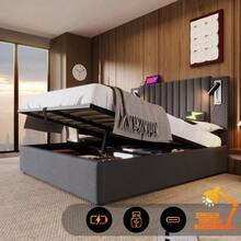 Klädd säng 140x200, dubbelsäng med förvaring, sänglåda, läslampa med USB-laddningsfunktion, huvudgavel, ryggstöd med nitar, säng med ribbotten och sänglåda, bomull, grå (med madrass) - Grå - Visa 5