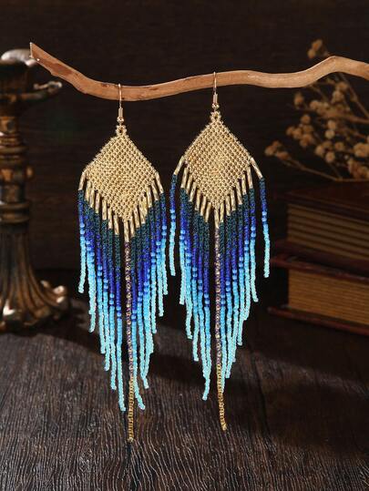 1 Pair Bohemian Beaded Tassel Earrings, Vintage With Ombre Rhombus Pattern, Made Of Golden, Blue, Navy Beads, Colorful And Layered, Elegant And Fashionable Accessory Suitable For Vacation, Party, Photography, Casual Daily Wear, Holiday/Daily Gift