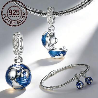 925镀银炫彩蓝色行星吊坠饰品 | 适用于手链和手镯，精致饰品