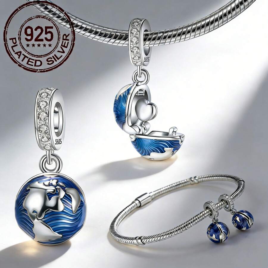 925镀银炫彩蓝色行星吊坠饰品 | 适用于手链和手镯，精致饰品