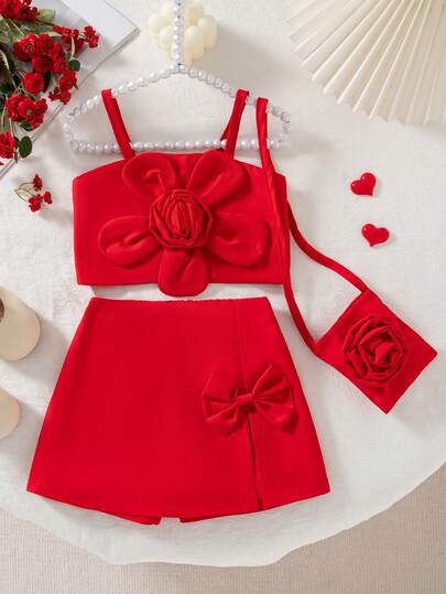 Summer Baby Girl Cute Stylish Red 3D Floral Camisole Top & Bowknot Split Pants & 3D Floral Crossbody Bag Set