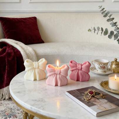 1pc Bow-Shaped Candle Sculpture, Premium Soy Wax Candle, European & American Fragrance Candle, Suitable For Photography, Anniversary, Birthday, Creating Ambiance, Home Decor, Room Decor, Wedding Decor, Tabletop Decor, Creative Gift For Friends, Family, Couples To Set A Romantic Mood