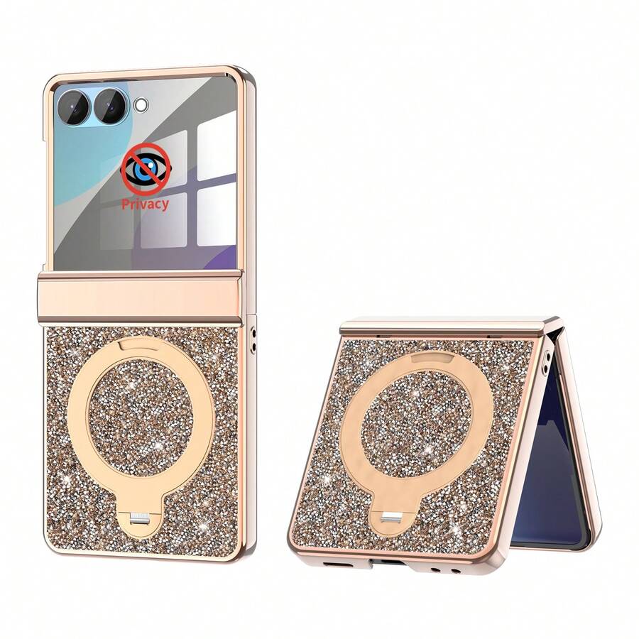 ALuoQ Luxury Rhinestone Electroplated Phone Case With Magnetic Spring Hinge Protection, Includes Anti-Peeping Screen Protector, 360° Rotating Phone Stand, Supports Wireless Charging, Compatible With Samsung Z Flip 6 7 Full-Body Shockproof Protective Cover