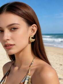 1 Pair Bohemian Style Metal Geometric Wave Shaped Stud Earrings, Versatile For Daily, Beach, Holiday Wear, Jewelry Gift - Yellow Gold - View 1