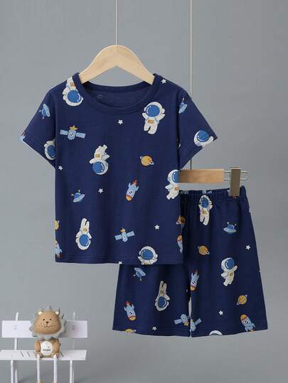Set de 2 piezas de pijama de manga corta y pantalón corto para niños, conjunto de ropa de dormir de algodón con estampado de astronauta para niño pequeño en verano