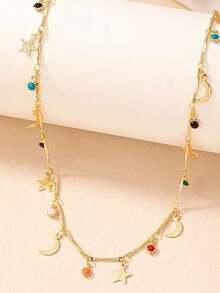 1pc Vintage Elegant Hollow Star & Moon Pendant Necklace, Suitable For Ramadan Festival Gift And Daily Wear - Yellow Gold - View 2