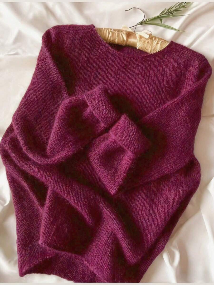 Maglione morbido a collo tondo da donna taglie forti, stile retrò fresco, casual per la primavera, adatto per primavera/autunno/inverno, in tessuto lavorato a maglia tinta unita, non un maglione da donna taglie forti per le vacanze di primavera e autunno - Viola - Visualizzare 1