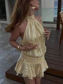 褶皱面料露背优雅夏日连衣裙 - 杏色 - 查看 5