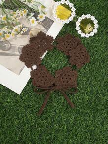 1pc Boho Style Brown Crochet Flower Headband - Handmade Tie-Up Headpiece Suitable For Countryside, Music Festival And Beach Fashion - Brown - View 2