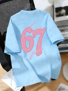Tween Girl Star Element Six Seven 67 Cartoon Print T-Shirt, Suitable For Girls Outdoor Sports, Casual Wear, Street Style, Campus Style, Fashionable Girls Spring/Summer Versatile Top - Baby Blue - View 5