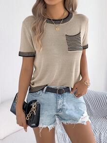 Women's Summer Color Block Striped Knit Top Short Sleeve Round Neck Pocket Beach Vacation Pullover - Màu Khaki - Xem 7