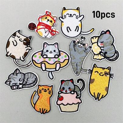 10pcs Cute Cat Embroidery Iron-On Patches - Adorable Cartoon Animal Appliques For Clothing, Jeans, Bags DIY Crafts