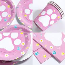 Pink Cat Paw Print Disposable Plates, Napkins, Cups - One-Time Party Supplies Set, Suitable For 10 Guests, Disposable Paper Plates Party Tableware For Birthday, Wedding, Picnic - Multicolor - View 3