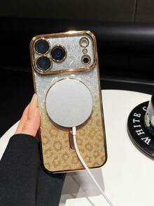 1pc Ombre Leopard Glitter Magnetic Adsorption Electroplated Lens Protective TPU Phone Case Compatible With IPhone 17 - Gold - View 9