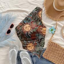 女士不对称下摆休闲印花露肩上衣，适合约会和外出穿着 - 彩色 - 查看 5